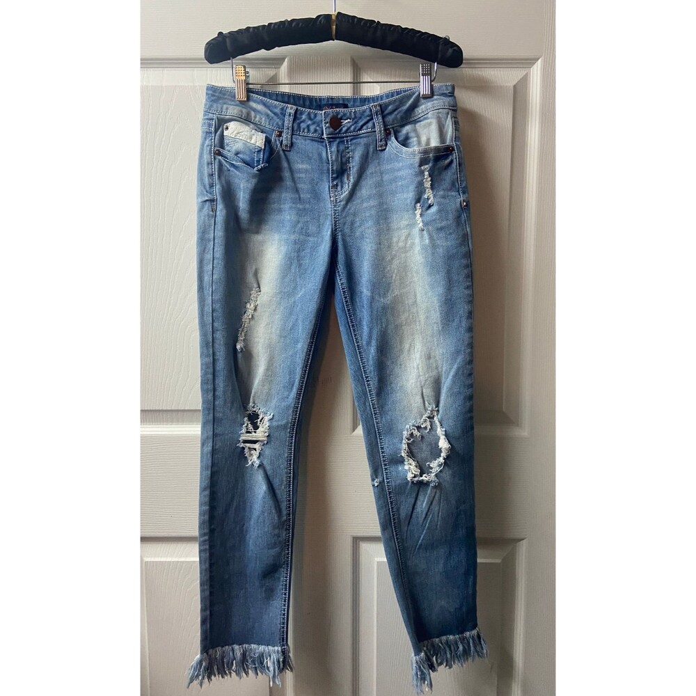 Red Camel Jeans Juniors Size 5 Patched Distressed Cropped Fringe Medium Wash